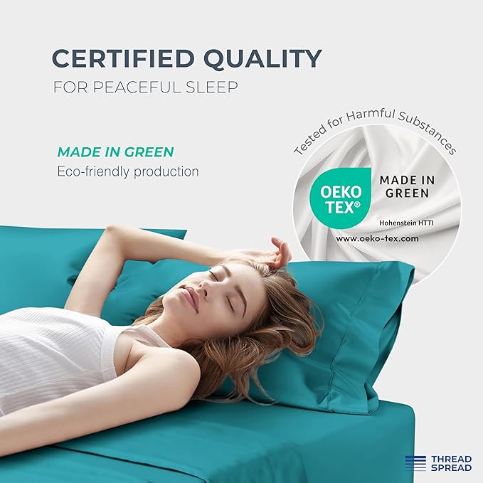 THREAD SPREAD 100% Egyptian Cotton Sheets California King Size - 1500 Series Cal King Sheets Egyptian Cotton (4 PC, Teal), Silky Soft, Sateen Weave, Cooling & Breathable, 17" Deep Pocket Bed Set
