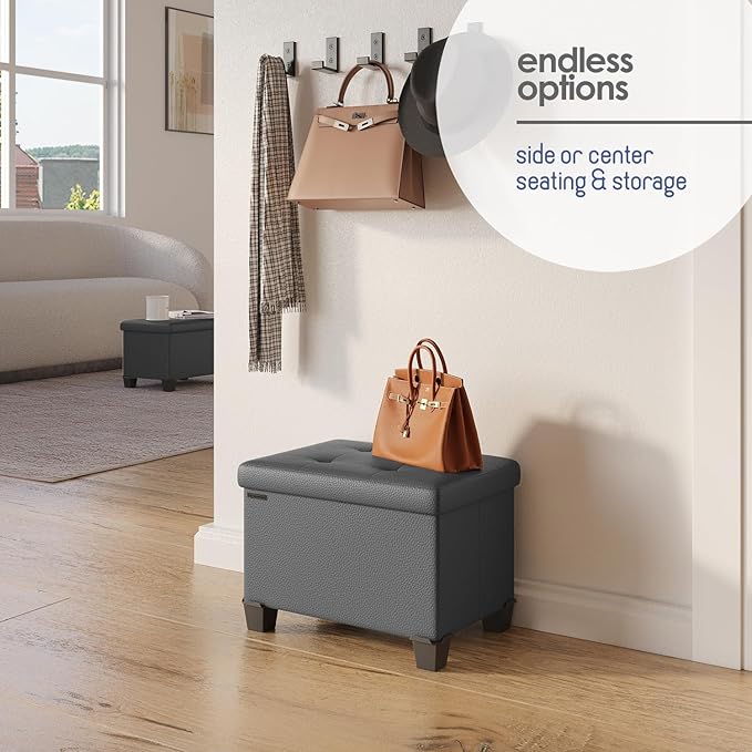 Storage Ottoman Cube with Small Bin, 16-in Square Ottoman with Storage for Living Room and Bedroom, Small Ottomans Foot Rest, Leather Foot Stools Ottomans Max 330lbs, Grey