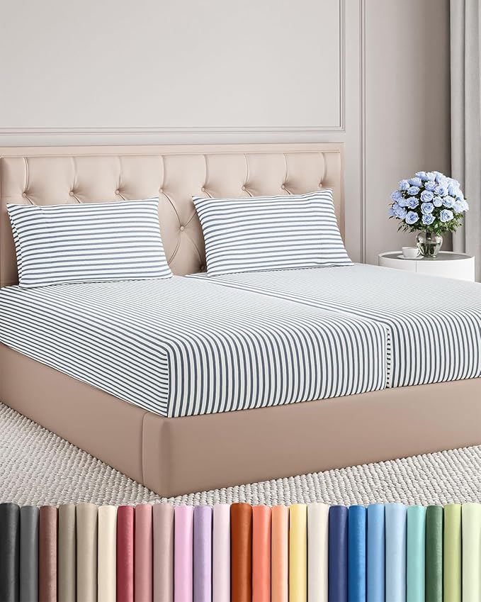 Split King Size 5 Piece Sheet Set - Comfy Breathable & Cooling Sheets - Hotel Luxury Bed Sheets for Women & Men - Deep Pockets, Easy-Fit, Soft & Wrinkle Free Sheets - Blue Stripes Oeko-Tex Bed Sheets