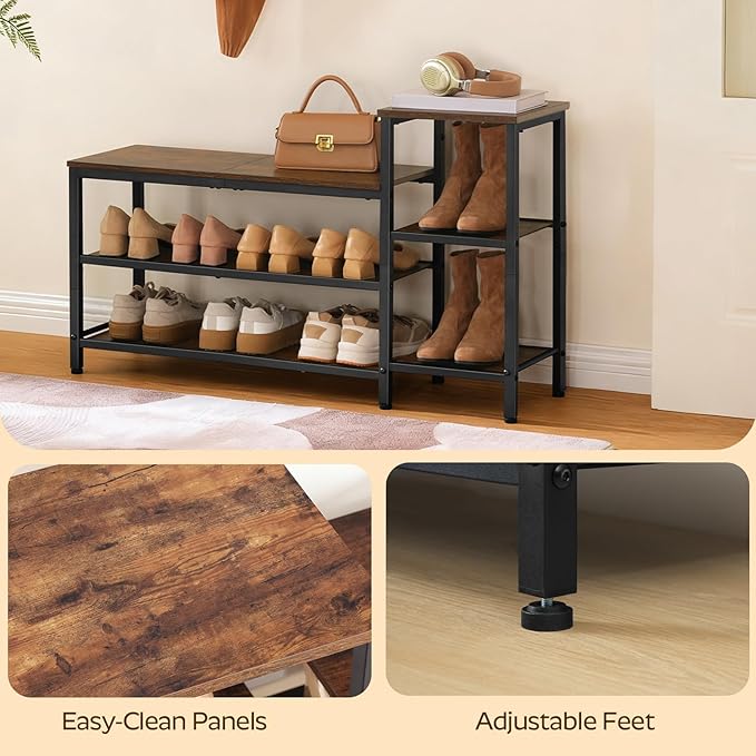 YATINEY 3-Tier Shoe Rack Bench, Wooden Shoe Storage Bench, Industrial Entryway Bench with Storage, Multi-Functional Shoe Rack with Seat for Bedroom, Hallway, Living Room, Rustic Brown and Black HX05BR
