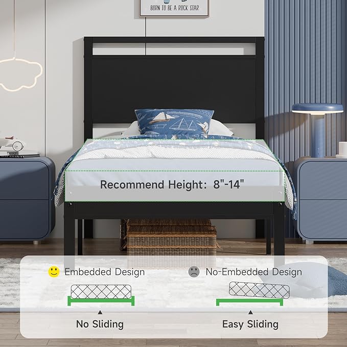 Z-hom Twin Metal Bed Frame with Wooden Headboard and Footboard, Heavy Duty Platform Frame with Metal Slats, No Box Spring Needed, Quiet and Non-Slip Design, Bed Storage for Small Bedroom,Black