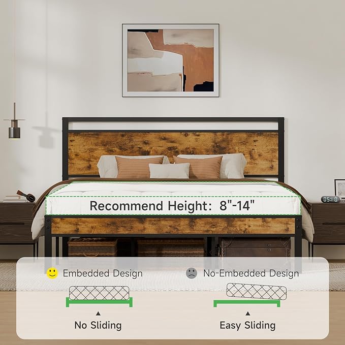 King Metal Bed Frame with Wooden Headboard and Footboard, Heavy Duty Platform Frame with Metal Slats, No Box Spring Needed, Quiet and Non-Slip Design, Space Saving Bed Frame for Bedroom, Vintage Brown