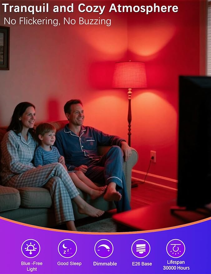630nm Red Sleep Bulb Dimmable, 100% Blue Light Blocking, Promotes Melatonin Production, E26 A15 LED 5W Red Dim Night Light for Baby's Bedroom, Sleeping, 4Pack