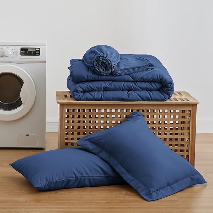 Love's cabin Twin Comforter Set Dark Blue, 5 Pieces Twin Bed in a Bag, All Season Bedding Sets with 1 Comforter, 1 Flat Sheet, 1 Fitted Sheet, 1 Pillowcase and 1 Pillow Sham | Soft, Breathable, Lightweight, Comfortable