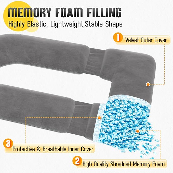 Shredded Memory Foam Body Pillow, Pregnancy Pillows for Sleeping, Maternity Pillow for Pregnant Women, Memory Foam Filling U Shaped Body Pillow with Velvet Cover (Gray, 60 inch)