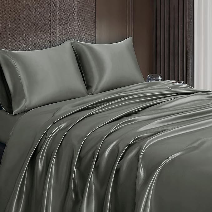 Homiest 4pcs Satin Sheets Set Luxury Silky Satin Bedding Set with Deep Pocket, 1 Fitted Sheet + 1 Flat Sheet + 2 Pillowcases (King Size, Dark Grey)