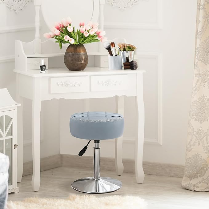 LUE BONA Height Adjustable Vanity Stool 15.8"-20.7", 360° Swivel Grayish Blue Faux Leather Chair, 300lb Capacity for Makeup Room, Bathroom