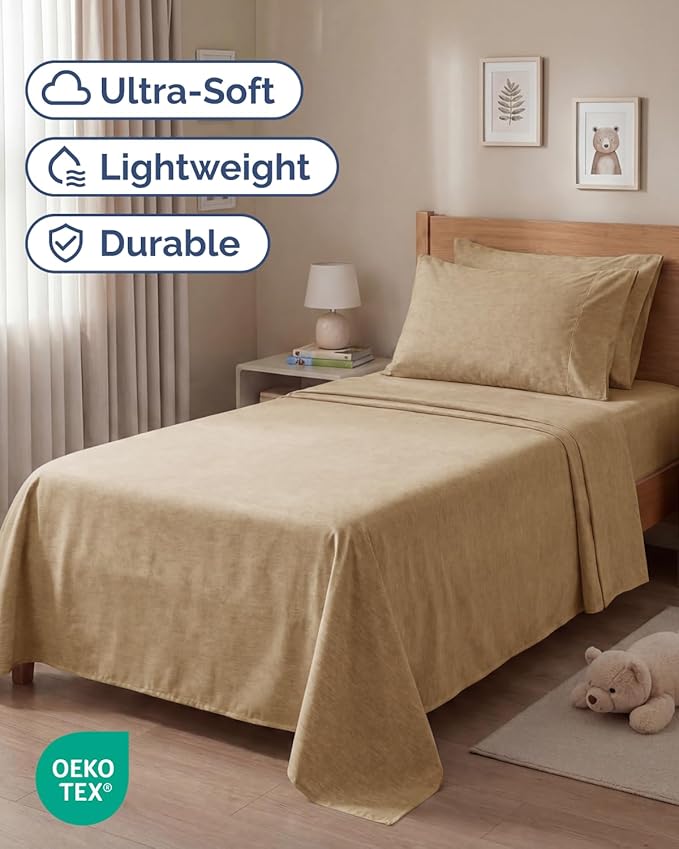 Twin 4 Piece Sheet Set - Comfy, Breathable & Cooling - Soft Hotel Luxury Bedding for Women, Men, Kids, Teens and Children - 1 Flat & 1 Fitted Sheet & 2 Pillowcases with Deep Pockets - Heathered Tan