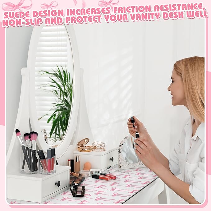 Teenyyou Coquette Bow Makeup Mat for Vanity Top Protector Graduation Gift Dual Side Leather Desk Mouse Pad Girly Waterproof Nonstick Dressing Accessories for Women Home Office(Pink,15.7"x31.5")