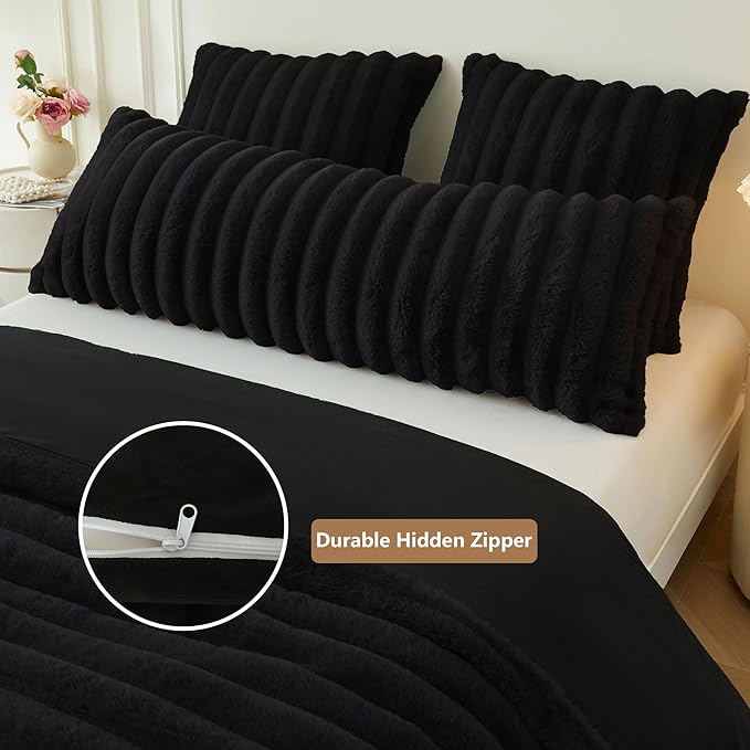 MEGO Fluffy Faux Rabbit Fur Body Pillow Cover, Soft Plush Fuzzy Wide Striped 20x54 Body Pillowcase with Zipper, Home Decorative Shaggy Furry Ribbed Long Pillow Cover for Bed Couch Sofa Bedroom, Black