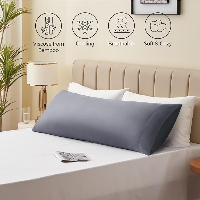 BEDELITE Body Pillow Cover, Rayon Made from Bamboo, Cooling Body Pillow Pillowcase for Hot Sleepers and Night Sweats, Breathable & Silky Soft Full Long Pillow Case Cover (Grey, 20x54 Inches)