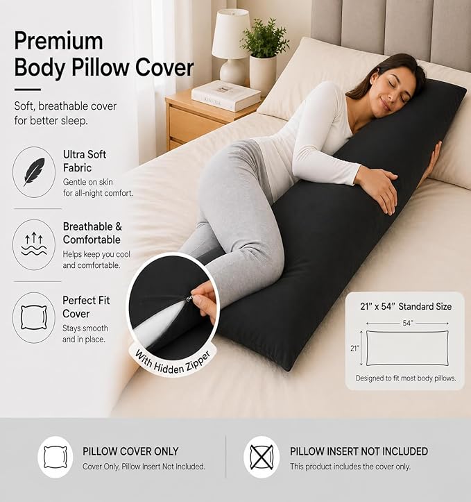 EVOLIVE Ultra Soft Body Pillow Cover 21"x54", Cozy Microfiber Pillowcase with Hidden Zipper, Breathable, Perfect for Pregnancy & Side Sleepers, Cover Only (21"x54" Body Pillow Cover, Black)