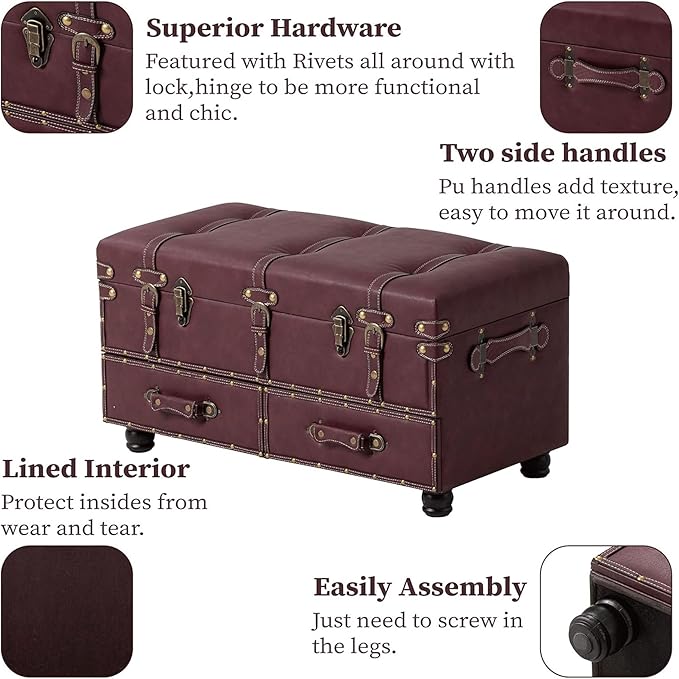 COZAYH Set of 2 Vintage Mid-Century Storage Ottoman Bench - Upholstered Padded Chest for Entryway, Bedroom, Living Room - Dark Magenta