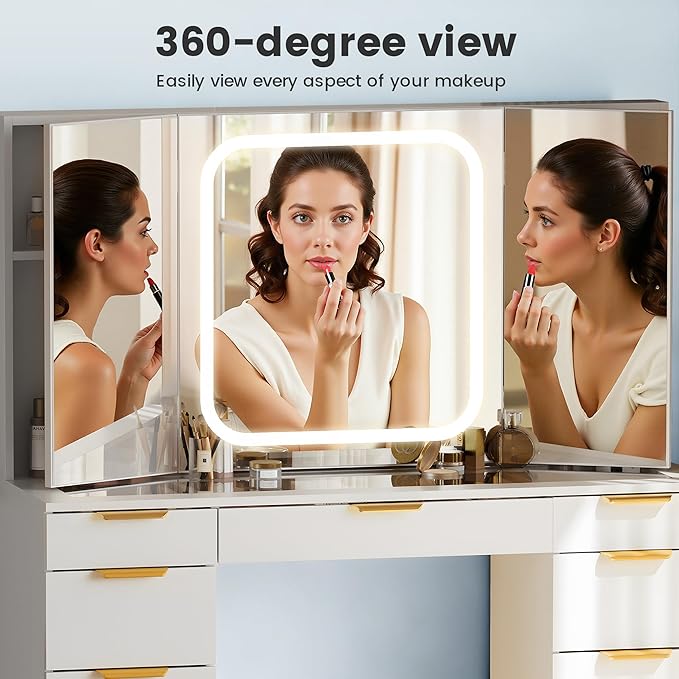 Glass Top Vanity Desk with Foldable Mirror and Lights, 11 Drawers Makeup Vanity with Charging Station, 3 Lighting Modes Dressing Table with Chair, White