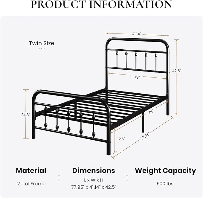 SHA CERLIN Twin Size Metal Platform Bed Frame with Victorian Style Iron-Art Headboard and Footboard, Easy Assembly, Under Bed Storage, No Box Spring Required, Black