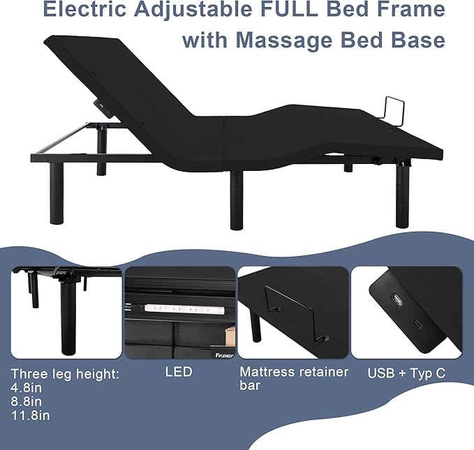 Fromann Adjustable Electric Full Bed Base Frame with Massage,USB Type-C Ports, Zero Gravity, Under Bed Led Lighting and Three Leg Height (Black)