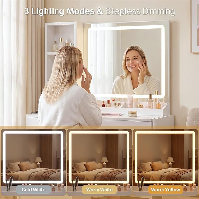 FUXA Vanity Desk with LED Lights Mirror and Charging Station, Makeup Vanity Table with Storage Drawers, Cabinet and Chair, Dressing Table Set for Bedroom, White