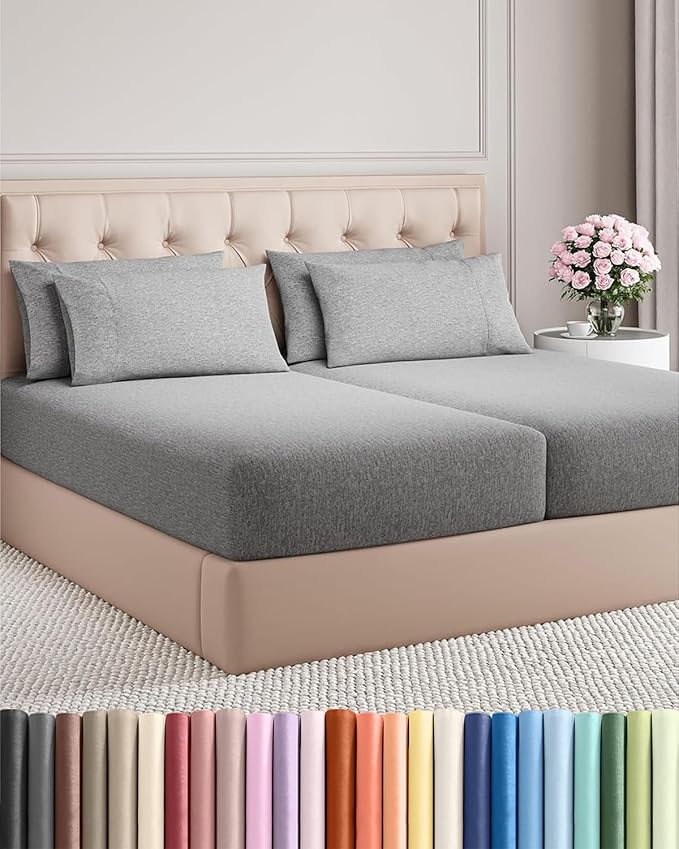 Split King 7 Piece Sheet Set - Comfy, Breathable & Cooling - Hotel Luxury Bedding for Women, Men, Kids, Teens and Children - 1 Flat & 2 Fitted Sheets & 4 Pillowcases w/ Deep Pockets - Heathered Grey