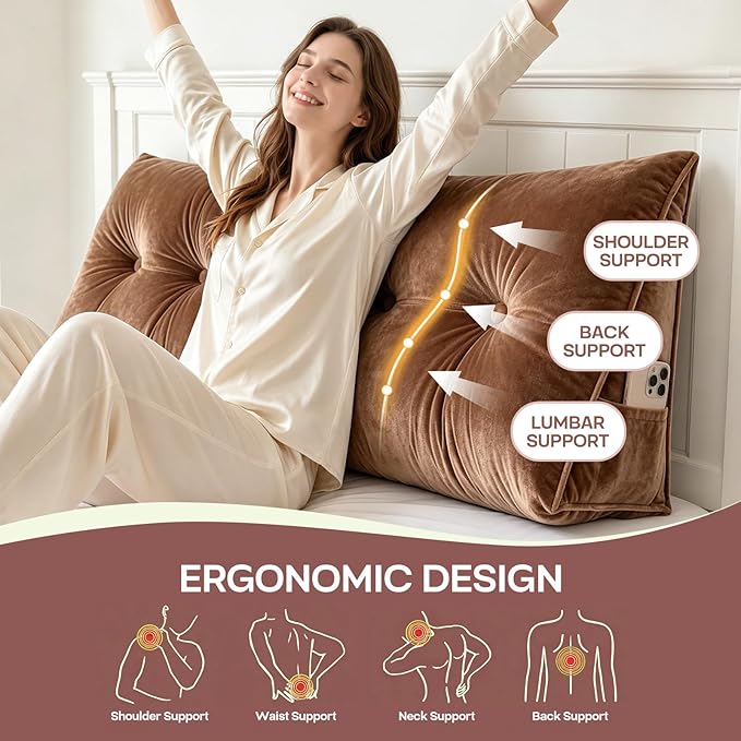 Headboard Pillow Queen, Triangle Wedge Pillow for Headboard, Ergonomic Backrest Cushion for Reading Sitting Working Removable Crystal Velvet Cover for Bed Dorm Sofa (Mocha Brown, Queen)