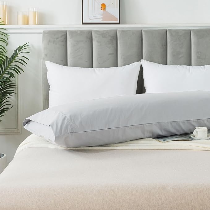 WhatsBedding Body Pillow Cover Cotton Fabric, Long Pillowcase Breathable & Skin-Friendly, Envelope Closure - Light Gray (20x54 inch)