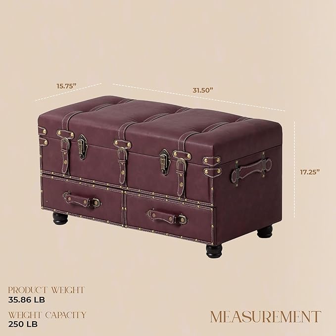 Vintage Mid-Century Storage Ottoman Bench - Upholstered Padded Chest for Entryway, Bedroom, Living Room - Dark Magenta