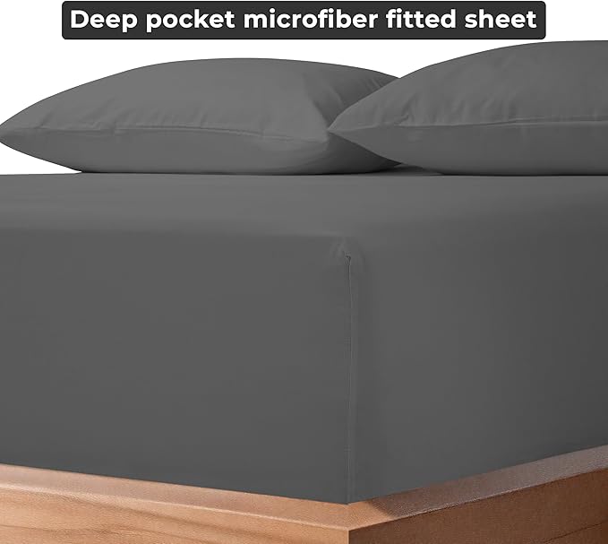 Royale Linens 2 Pack Fitted Sheet - Elastic Sheets - Twin Fitted Sheet Only - Soft & Breathable - Brushed 1800 Microfiber - Stain Resistant- Hotel Quality Deep Pocket Stretches Up to 16" (Twin, Grey)