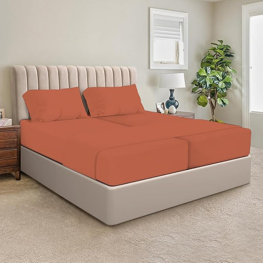 SGI Split King Sheet Set for Adjustable Bed Egyptian Premium Cotton 600 Thread Count Sheets for Sleep Number Bed 15" Deep Pocket 5 Pc Set with 2 Twin XL Fitted Sheets Soft Breathable - Terracotta