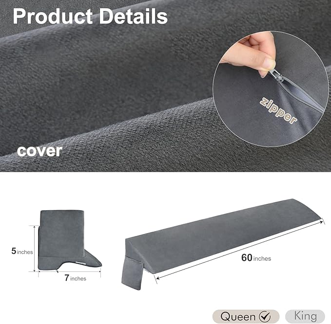 Vekkia Queen Bed Wedge Pillow for Headboard Gap Filler(0-3.5"),High-Density Foam,Prevents Pillows & Items Loss,Ergonomic Design,Large Storage Pockets,Removable&Washable Cover,Gray,60"x7"x5"