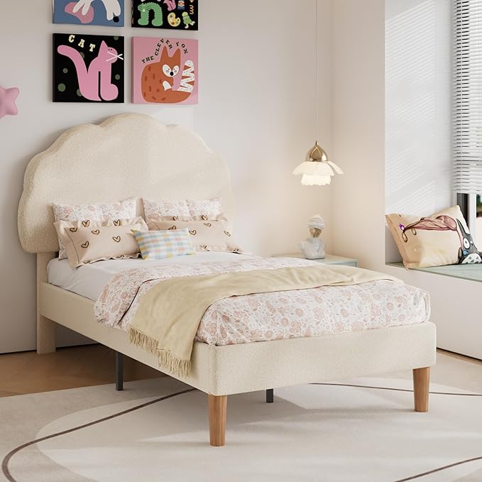 VECELO Twin Size Bed Frame, Upholstered Platform Bedframe with Height Adjustable Plush Fabric Headboard, Strong Wood Slat Supports, No Box Spring Needed, Beige