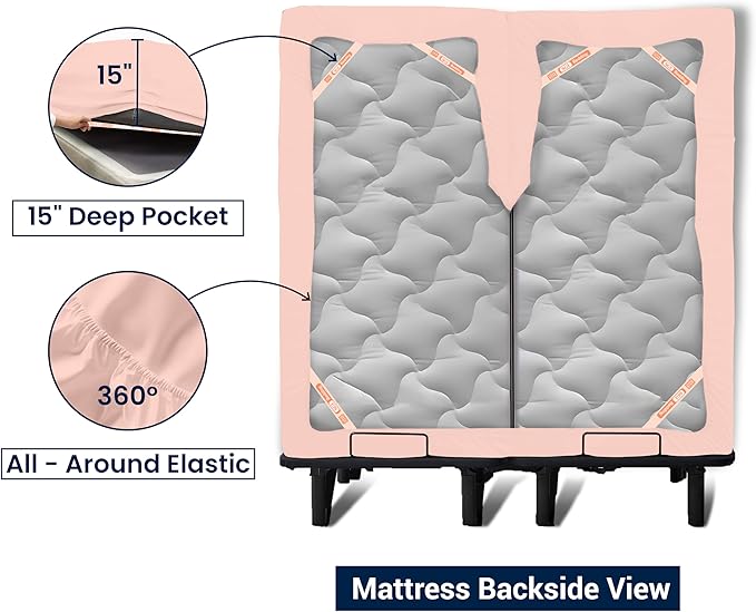 SGI bedding 39" King Split Top Flex Head Sheet 100% Egyptian Cotton Sheet Set 1000 Thread Count Flex Top Sheet for Adjustable Bed 4Pc Sheet Set 15" Deep Pocket for Sleep Number Bed - Peach