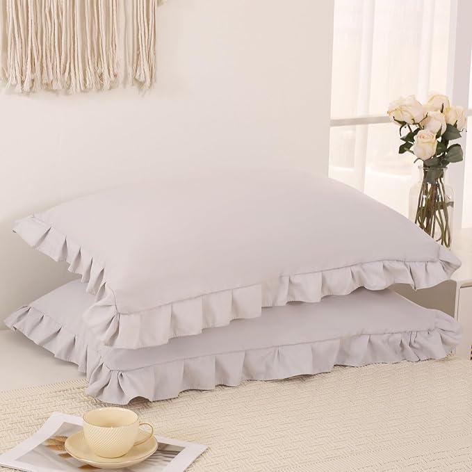 Merryword Beige Gray Pillowcases King Pillowcases Ruffled Pillow Shams Set of 2 Cute Pillowcases Solid Ruffled Fringe Design Light Gray Shabby Chic Pillowcases 2 Pack (King (20''x36''), Beige Gray)