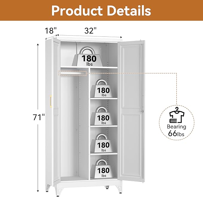 Polup Metal Armoire Wardrobe Closet with Doors, 71" Tall Wardrobe Cabinet with Lock, Hanging Rod and 3 Adjustable Shelves, Steel Clothing Storage Cabinet for Bedroom, Home Office, Employee, Gym, White