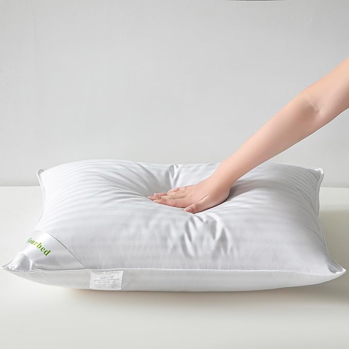 Goose Down Feather Pillows Stripe White Bed Pillow for Sleeping,100% Cotton Fabric Good for Side and Back Stomach Sleeper Queen Size 1 Pack