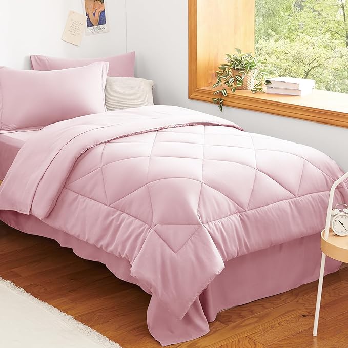 CozyLux Twin Comforter Set with Sheets Pink - 5 Pieces Bed in a Bag Twin, All Season Bed Set for Girls and Boys, Bedding Set with Down Alternative Comforter, Sheets, Pillowcase & Sham