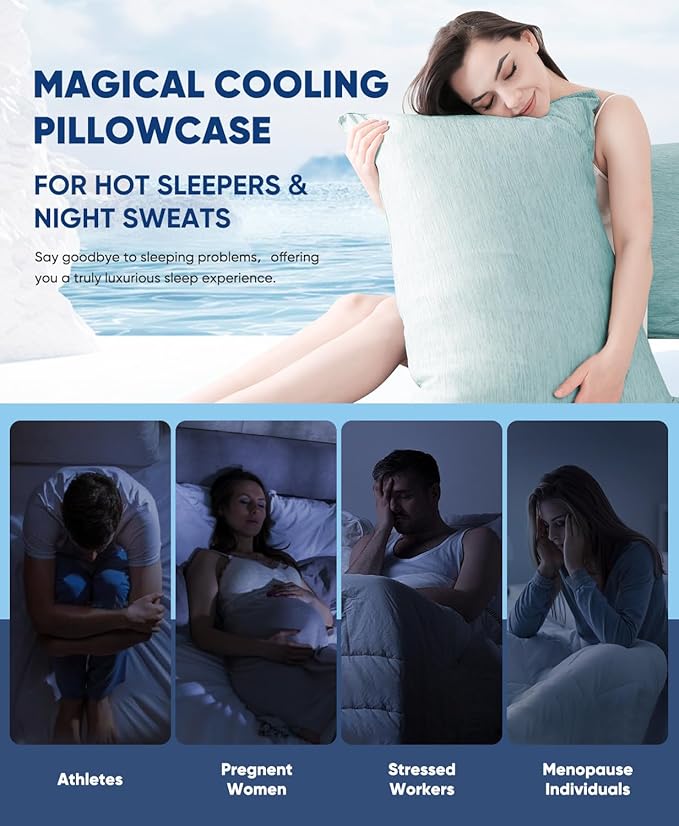 LUXEAR 2 Pack Cooling Pillow Cases for Hot Sleepers, Arc-Chill Q-Max > 0.5, Hair & Skin Friendly, Double-Sided, Machine Washable, Hidden Zipper, Gifts for Women & Men, 20x26, Green