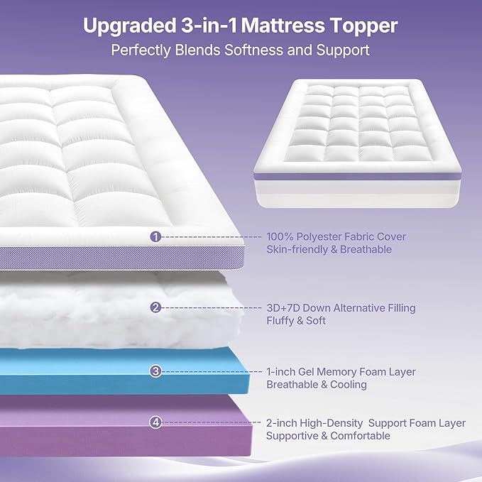 5 Inch Dual Layer Memory Foam Twin Mattress Topper - 2'' Pillow Top Mattress Pad for Back Pain and 2'' Support Foam & 1'' Cooling Gel Memory Foam, Extra Thick Medium Support Bed Topper