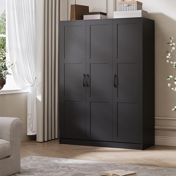 Garvee 3 Doors Wooden Wardrobe Closet, Morden Wardrobe Armoire with Doors and Shelves, Standing Closet Cabinet for Hanging Clothes, Large Capacity Storage Cabinet for Bedroom, Black