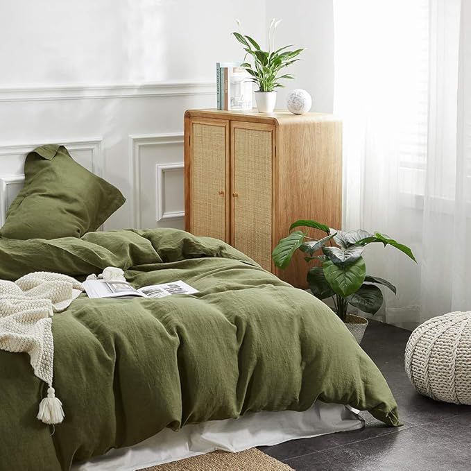 Simple&Opulence 100% Linen Duvet Cover Set 3pcs Basic Style Natural French Washed Flax Solid Color Soft Breathable Farmhouse Bedding with Button Closure - Olive Green, Queen