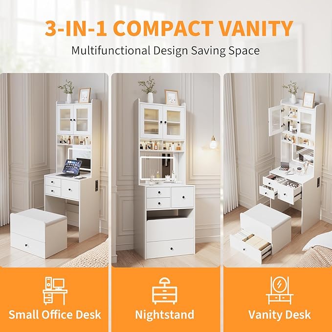 3-in-1 Make Up Vanity Desk with Mirror & Lights, Compact Vanity Table with Drawers, Storage Compartment and Rolling Stool, Modern Small Makeup Vanity and Storage Chair for Bedroom, Powder Room