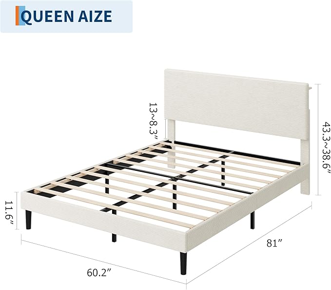 IDEALHOUSE Queen Bed Frame, Platform Bed with Adjustable Corduroy Upholstered Storage Headboard and Charging Station, Sturdy Metal Support, Noise Free, Easy Assembly, Beige