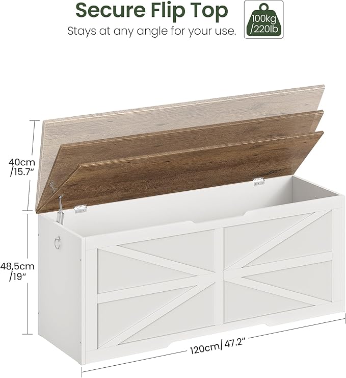CHOEZON Storage Chest, 47.2" Wooden Storage Trunk, Modern Storage Bench with Safety Hinge, Toy Box, Farmhouse Style, for Bedroom, Living Room, Walnut and White MCW16WL