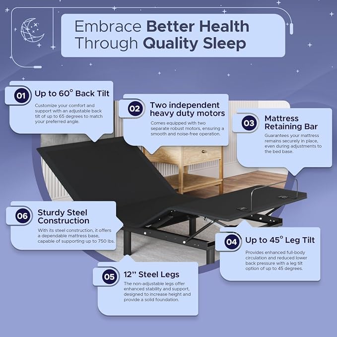 Celestial Aurora Adjustable Bed Base (Frame) + 8 inch Gel Memory Foam Mattress (Firm), Easy Assembly, Head and Foot Lift, Zero Gravity, Memory Positions, CertiPUR-US Bed - TwinXL