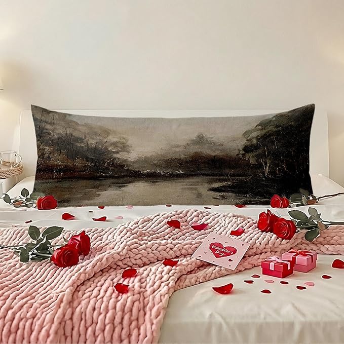 Vintage Moody River Landscape 20x54 Body Pillow Cover, Rustic Farmhouse Country Lake Scenery Decorative Long Body Pillow Cases for Bed Couch