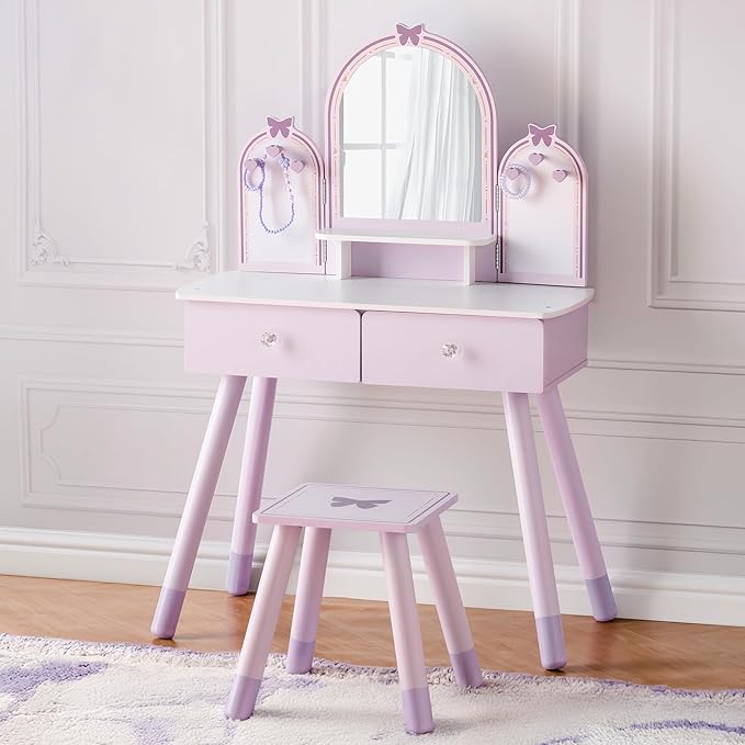 ROBOTIME Purple Kids Vanity Set, Makeup Vanity Desk with Mirror, Chair and Storage Drawers, Little Girl Dressing Table with Stool for Toddlers Ages 3+
