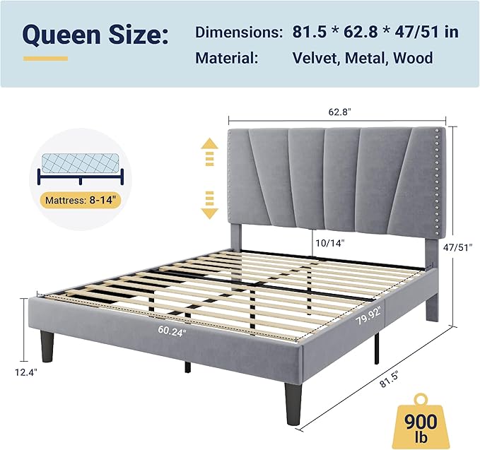 Allewie Queen Size Bed Frame with Adjustable Velvet Upholstered Headboard, Rivet-Style Nailhead Trim Detail Platform Bed Frame, Wooden Slat Support, No Box Spring Needed, Easy Assembly, Grey