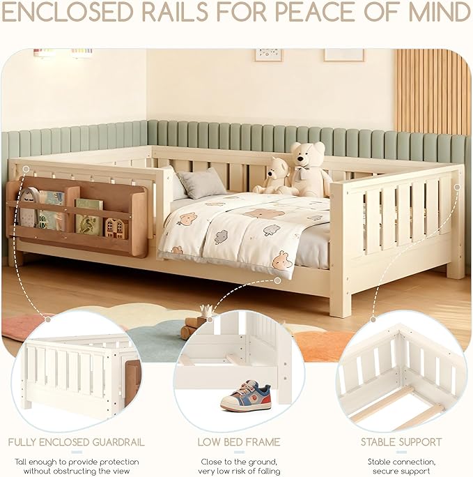 Bellemave Twin Floor Bed Frame with Fence & Bookshelf, Solid Pine Wood Twin Montessori Floor Bed with Slats Load 300LBS, Low Profile Floor Bed for Kids, Bedroom, Nursery, Easy Assembly, Beige