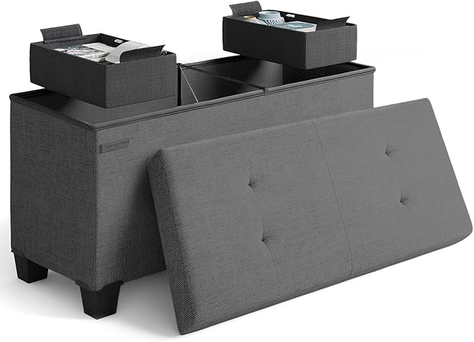 Storage Ottoman Bench with Bins, 30-in Storage Bench for Bedroom End of Bed, Folding Foot Rest Ottoman for Living Room Max 660lbs, Fabric Ottomans, Grey