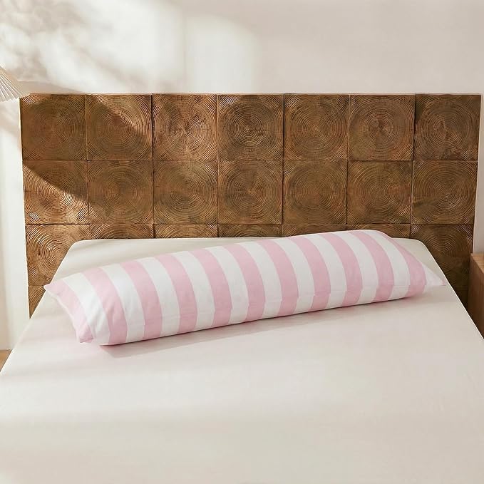 Merryword Body Pillow Cover 20x54inches, 100% Cotton Pillow Case, Pink and White Striped Pillowcase, Luxury Linen Like Pillowcase, Soft Breathable Wide Stripes Long Pillowcase, 1-Piece