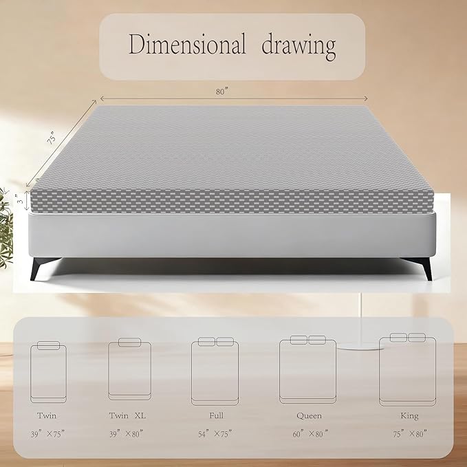 MORANDI Queen Mattress, 3 Inch Memory Foam Queen Bed Mattress in A Box, Pressure Relief with Medium Firm Support, with Zipper Removable Cover,CertiPUR-US Certified(Grey, Queen)
