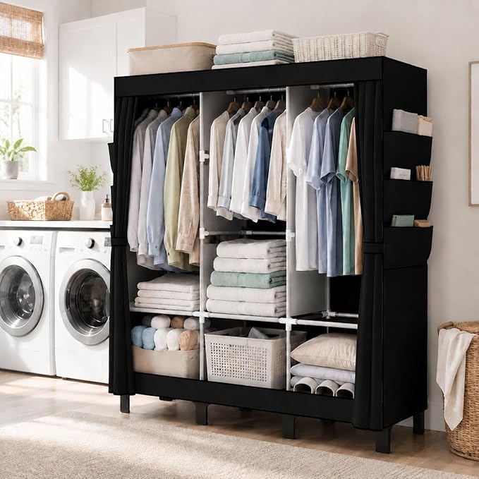 Portable Closet Wardrobe Closet for Hanging Clothes with 3 Hanging Rods for Bedroom, Non-Woven Fabric Clothes Closet for Living Room Easy Assemble (Black, 3 Columns, 51.2 inch Width)